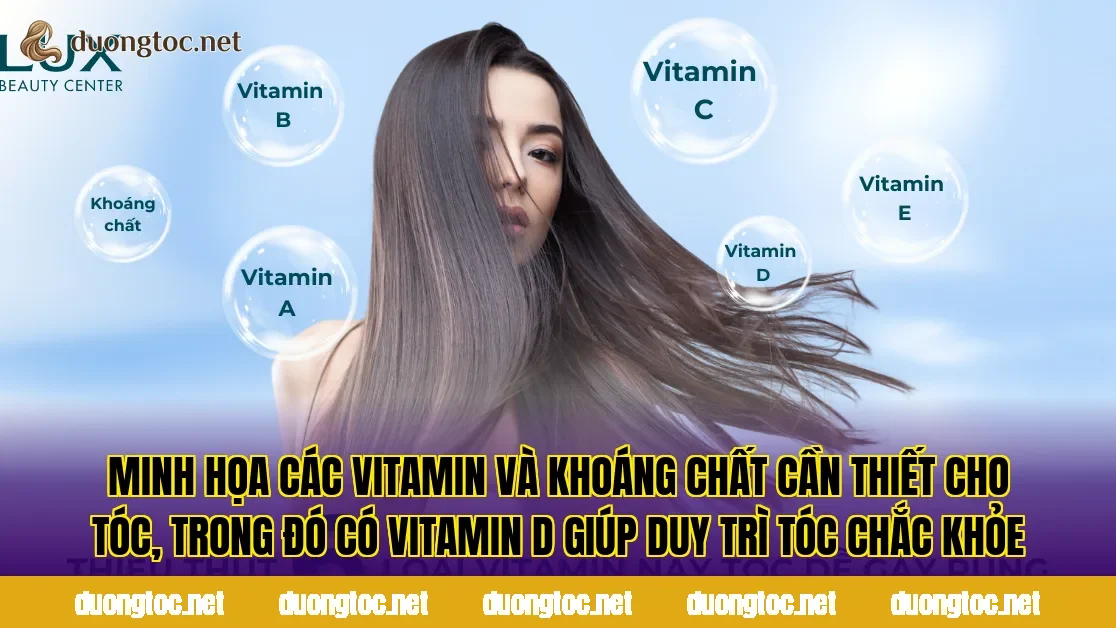 Minh họa các vitamin và khoáng chất cần thiết cho tóc, trong đó có vitamin D giúp duy trì tóc chắc khỏe