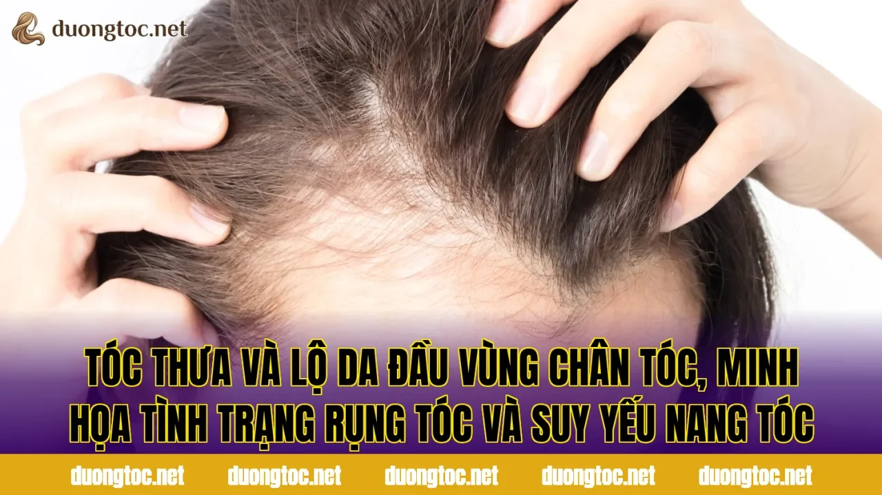 Tóc thưa và lộ da đầu vùng chân tóc, minh họa tình trạng rụng tóc và suy yếu nang tóc